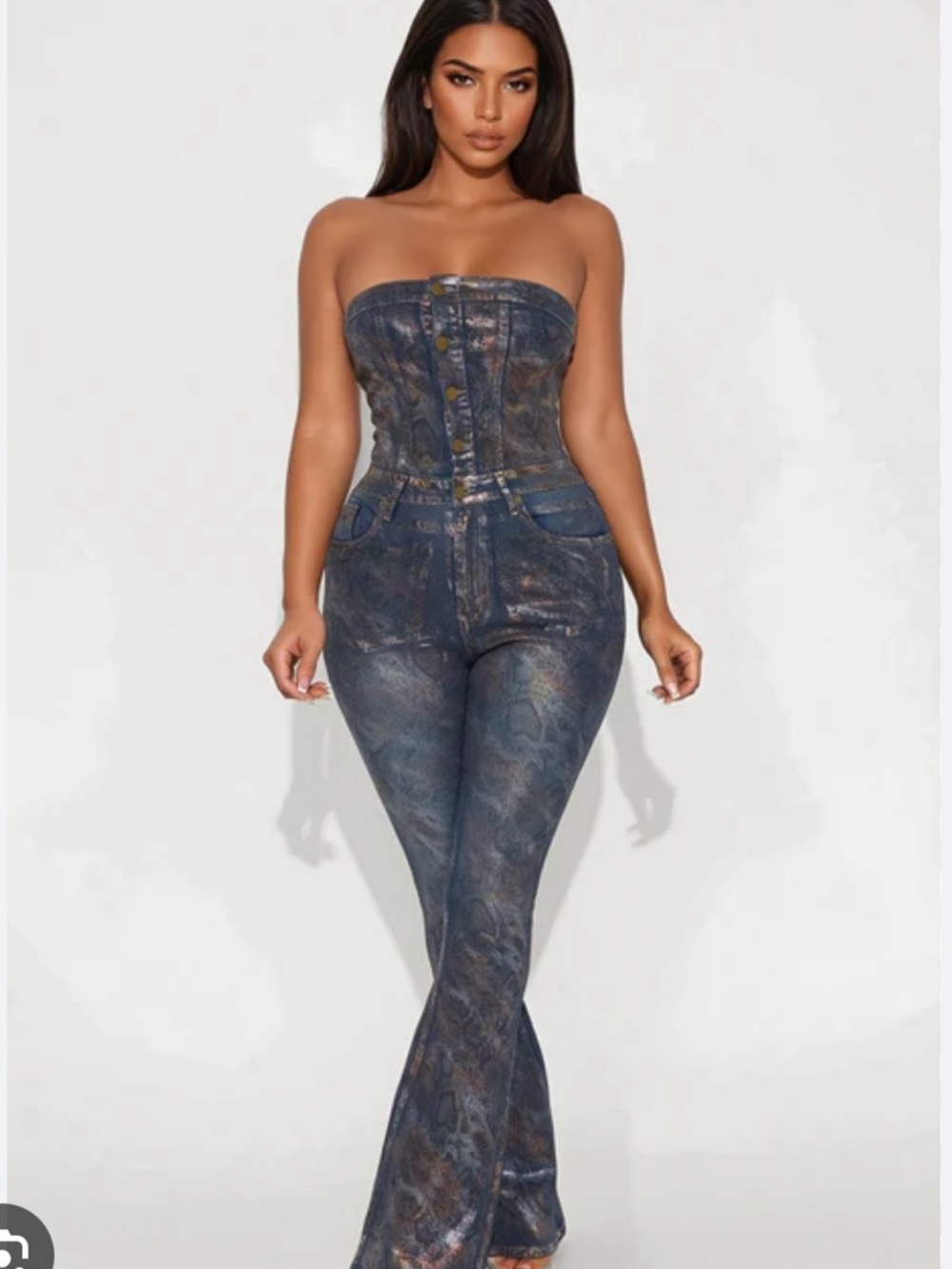 Fashion Nova Strapless Blue Metallic Print Jumpsuit